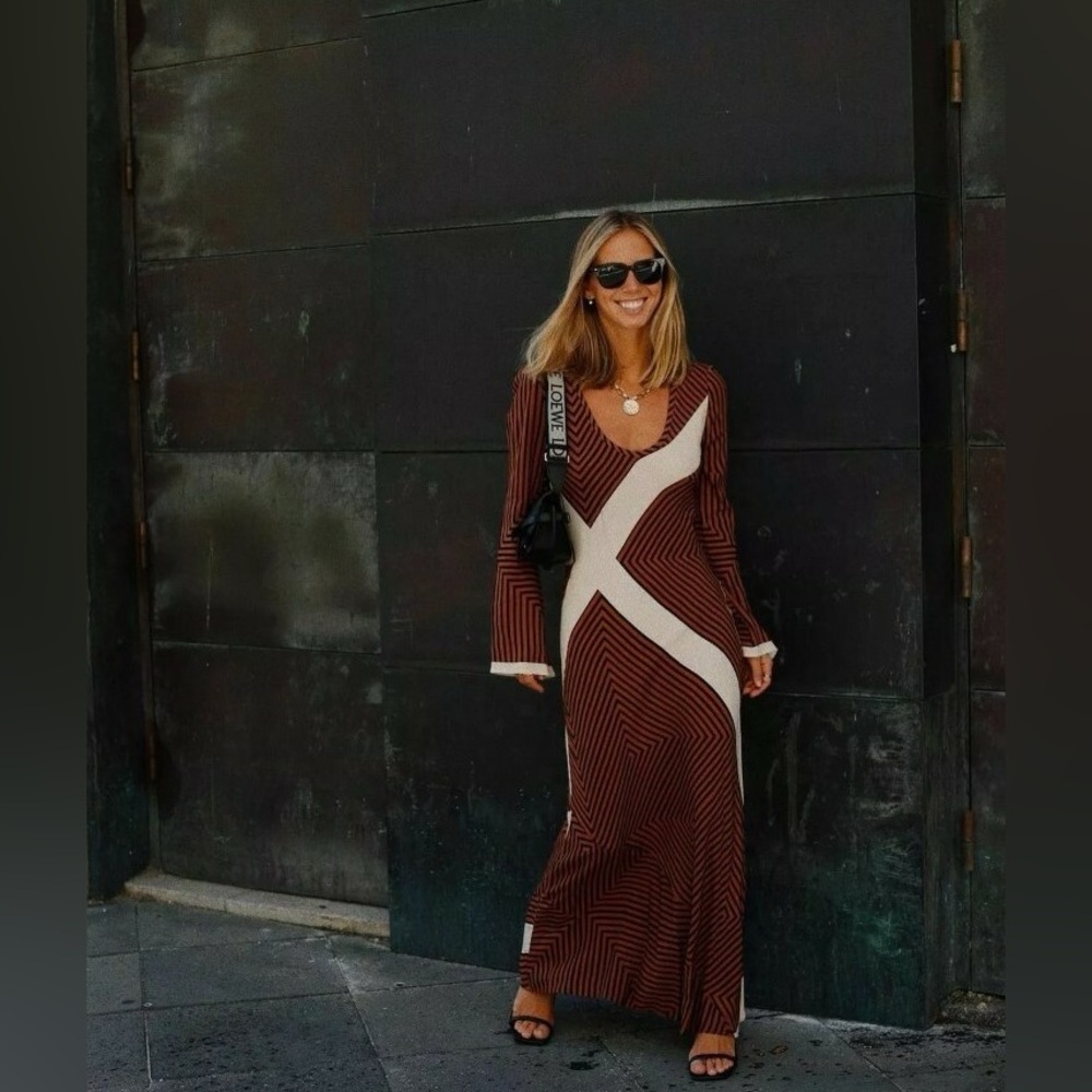 Zara Brown and Cream Long Sleeve Dress - Picture 8 of 14